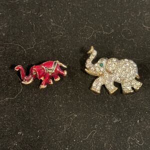 VTG Elephant Brooch Lot Rhinestone & Red Enamel Gold Tone Costume Jewelry Pins